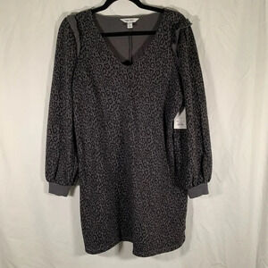 Nine West Sweater Dress Women's Large Grey Cheetah Print Long Sleeve V-neck